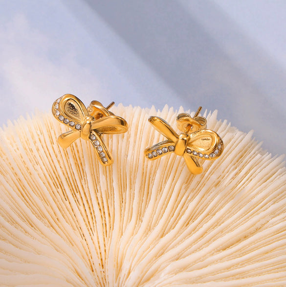 Simple Single Side Bow Diamond Earrings Titanium Steel Gold Plated Electroplated For Women