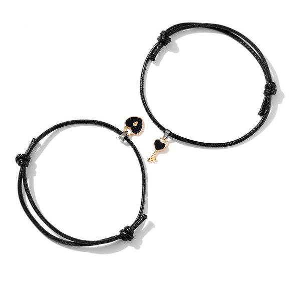 Simple Small Key Lock Love Couple Bracelet For Girlfriend Black Hand Rope Alloy Material Geometric Pattern Electroplating Treatment