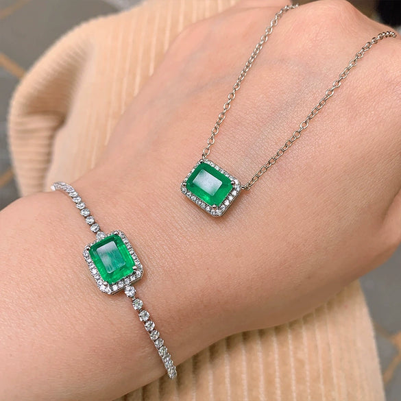 Simple Small Square Paraiba Zircon Jewelry Set For Women Copper Plated With Real Gold Bracelet And Necklace