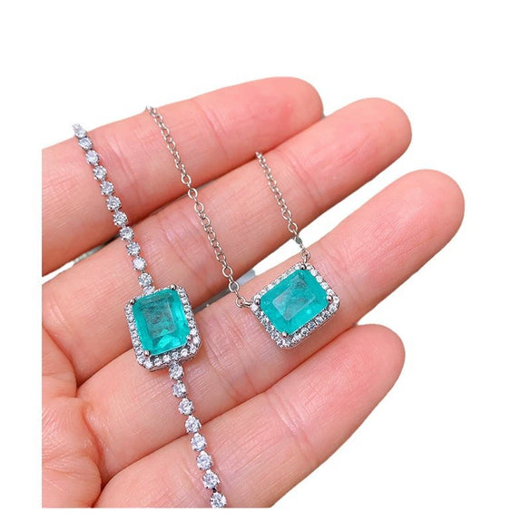 Simple Small Square Paraiba Zircon Jewelry Set For Women Copper Plated With Real Gold Bracelet And Necklace