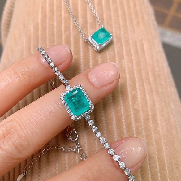 Simple Small Square Paraiba Zircon Jewelry Set For Women Copper Plated With Real Gold Bracelet And Necklace