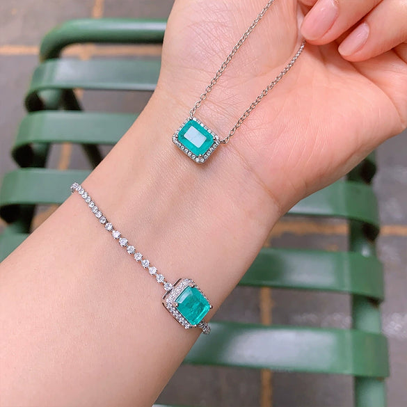 Simple Small Square Paraiba Zircon Jewelry Set For Women Copper Plated With Real Gold Bracelet And Necklace