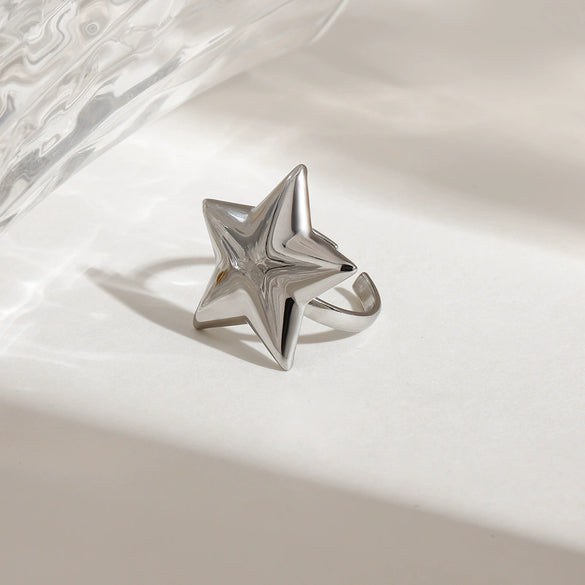 Simple Smooth Convex Fivepointed Star Adjustable Opening Stainless Steel Electroplated Allmatch Nonfading Women's Ring