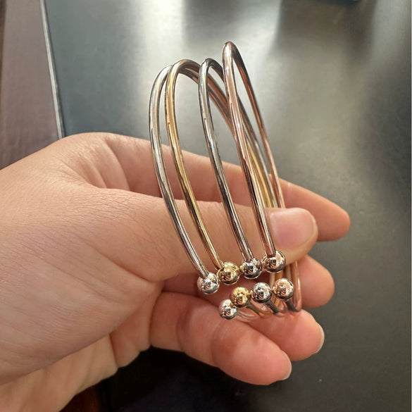 Simple Smooth Silver Plated Metal C Shaped Double Bead Adjustable Bracelet For Women Electroplated Minimalist Style