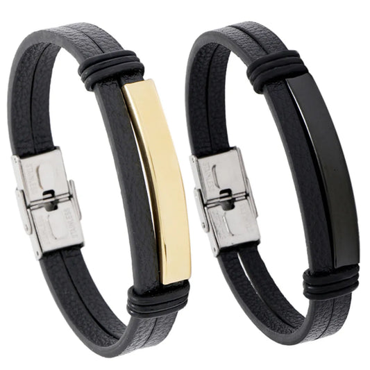 Simple Smooth Stainless Steel Men'S Leather Bracelet