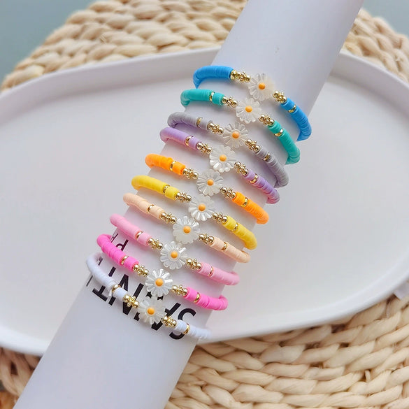 Simple Soft Ceramic Pieces Elaststring Beaded Daisy Hand Woven Glass Glaze Bohemian Vacation Style Women's Bracelet