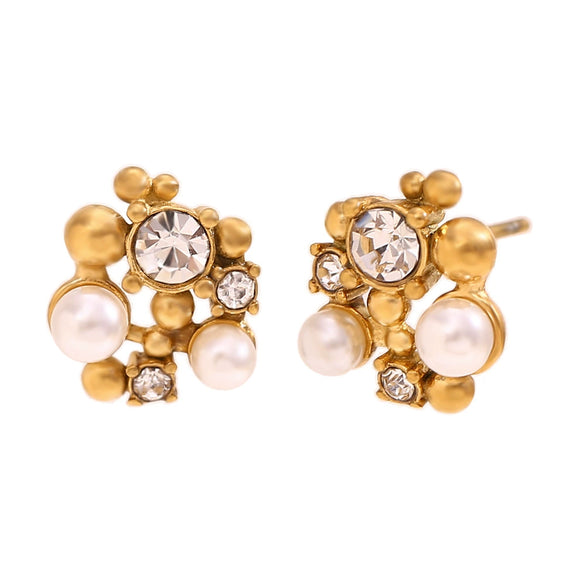 Simple Special Shaped Rhinestone Pearl Flower Stud Earrings And Necklace In Stainless Steel With Electroplating Geometric Pattern For Women