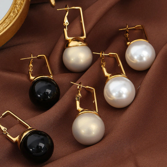 Simple Square Buckle Round Beads Earrings In Retro Fashion Niche Personality Titanium Steel With 18K Gold Electroplated Finish For Women Geometric Pattern