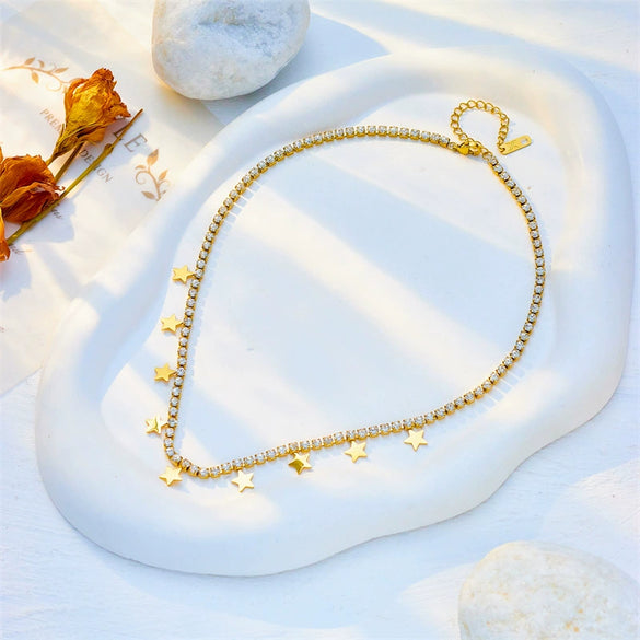 Simple Square Diamondembedded Glossy Fivepointed Star Pendant Titanium Steel Necklace With Electroplating