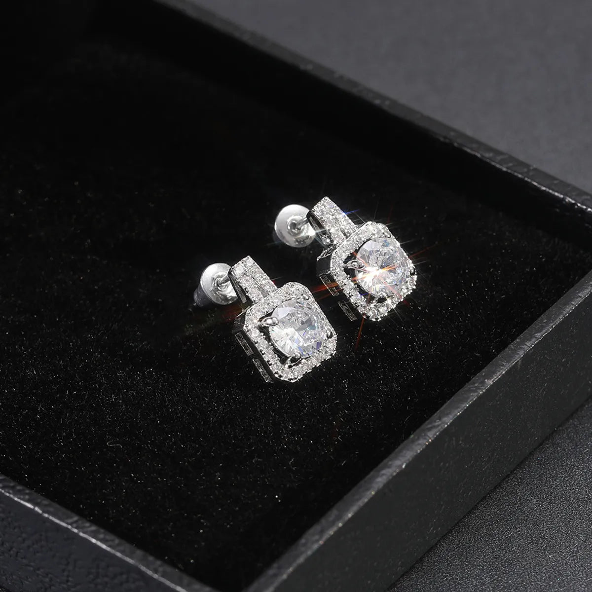 Simple Square Full Of Zircon Platinum Plated Copper Stud Earrings Jewelry