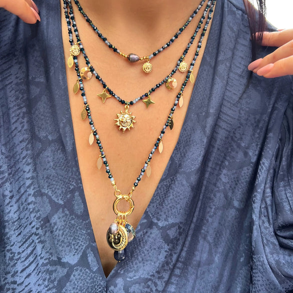 Simple Stainless Steel And Titanium Steel Multipendant Necklace With Natural Pearl Sun Cross Zircon Geometric And Heart Shape Electroplating