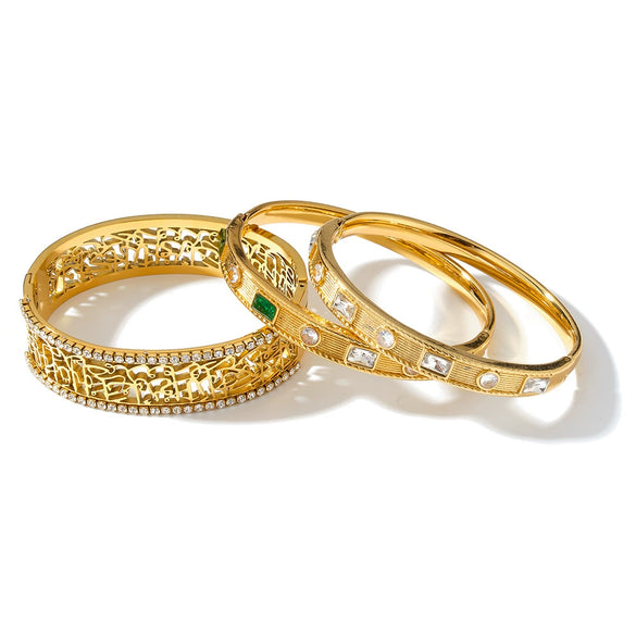 Simple Stainless Steel Bracelet With Geometric Zircon Rhinestone Inlay And 18K Gold Vacuum Plating For Women