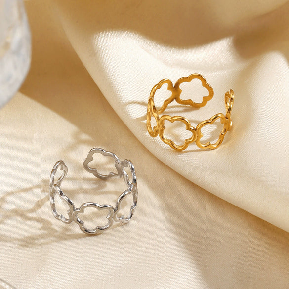Simple Stainless Steel Hollow Five Leaf Flower Open Ring For Women With Electroplated Floral Design
