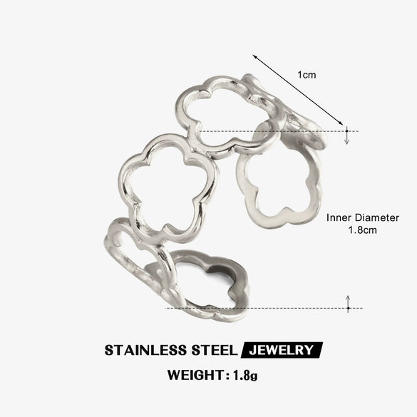 Simple Stainless Steel Hollow Five Leaf Flower Open Ring For Women With Electroplated Floral Design