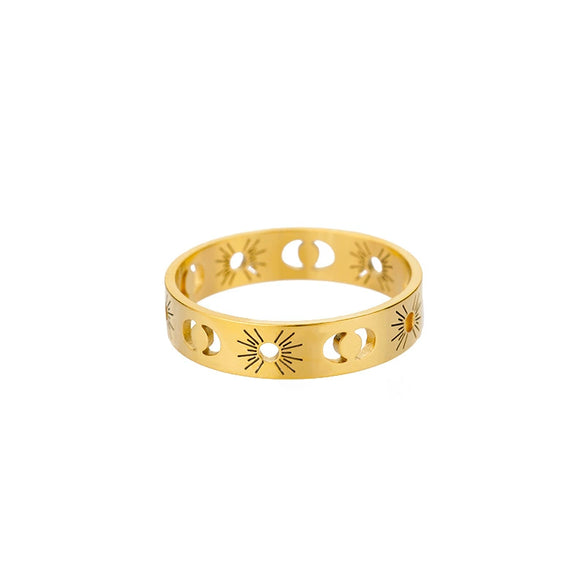 Simple Stainless Steel Hollow Sun Moon Ring With Geometric Styling 18K Goldplated For Couples
