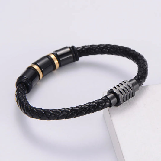 Simple Stainless Steel Magnet Buckle Braided Leather Rope Bracelet