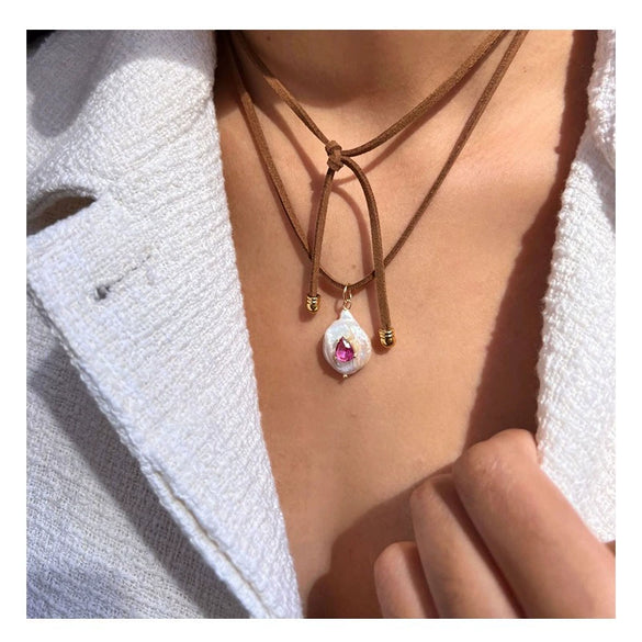 Simple Stainless Steel Necklace With Natural Baroque Pearl Zircon Geometric Pendant Electroplating
