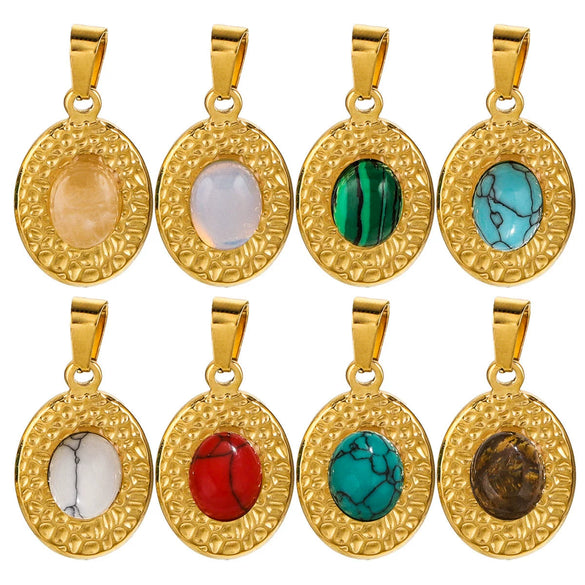 Simple Stainless Steel Oval Turquoise Totem Pendant Necklace For Women Electroplated Jewelry Accessories