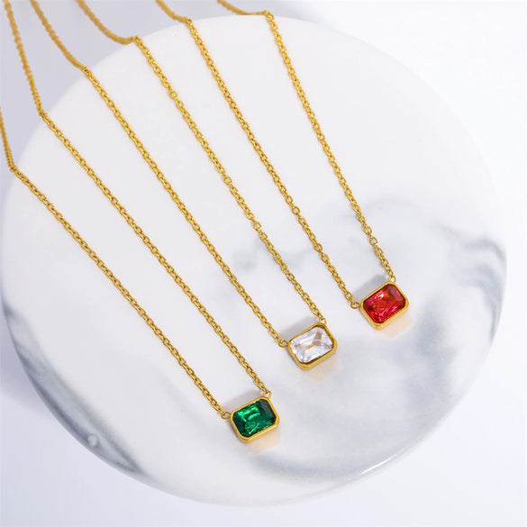 Simple Stainless Steel Square Zircon Tricolor Pendant Necklace With Geometric Pattern Plated 18K Gold On Ochain