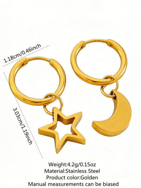 Simple Stainless Steel Stars And Moon Jewelry Set For Women With Electroplated Star Earrings And Moon Pendant Necklace