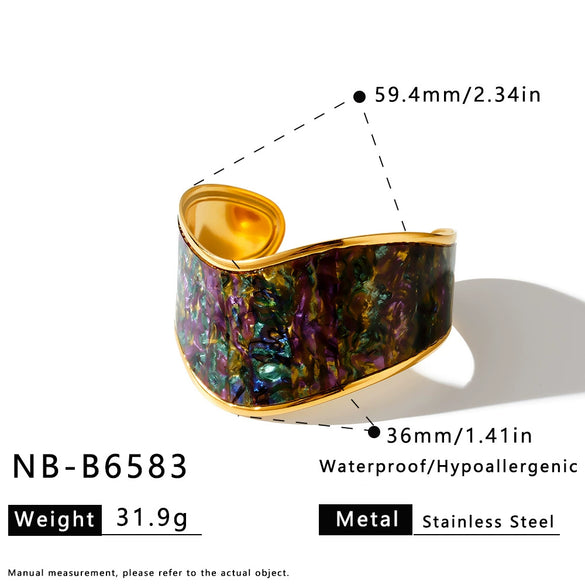 Simple Stainless Steel Wide Bangle Bracelet For Women With Shell Inlay And 18K Gold Plated Irregular Open Design