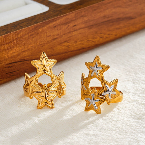 Simple Star Pattern Stainless Steel Adjustable Ring For Women With Electroplated Geometric Design Fashion Jewelry