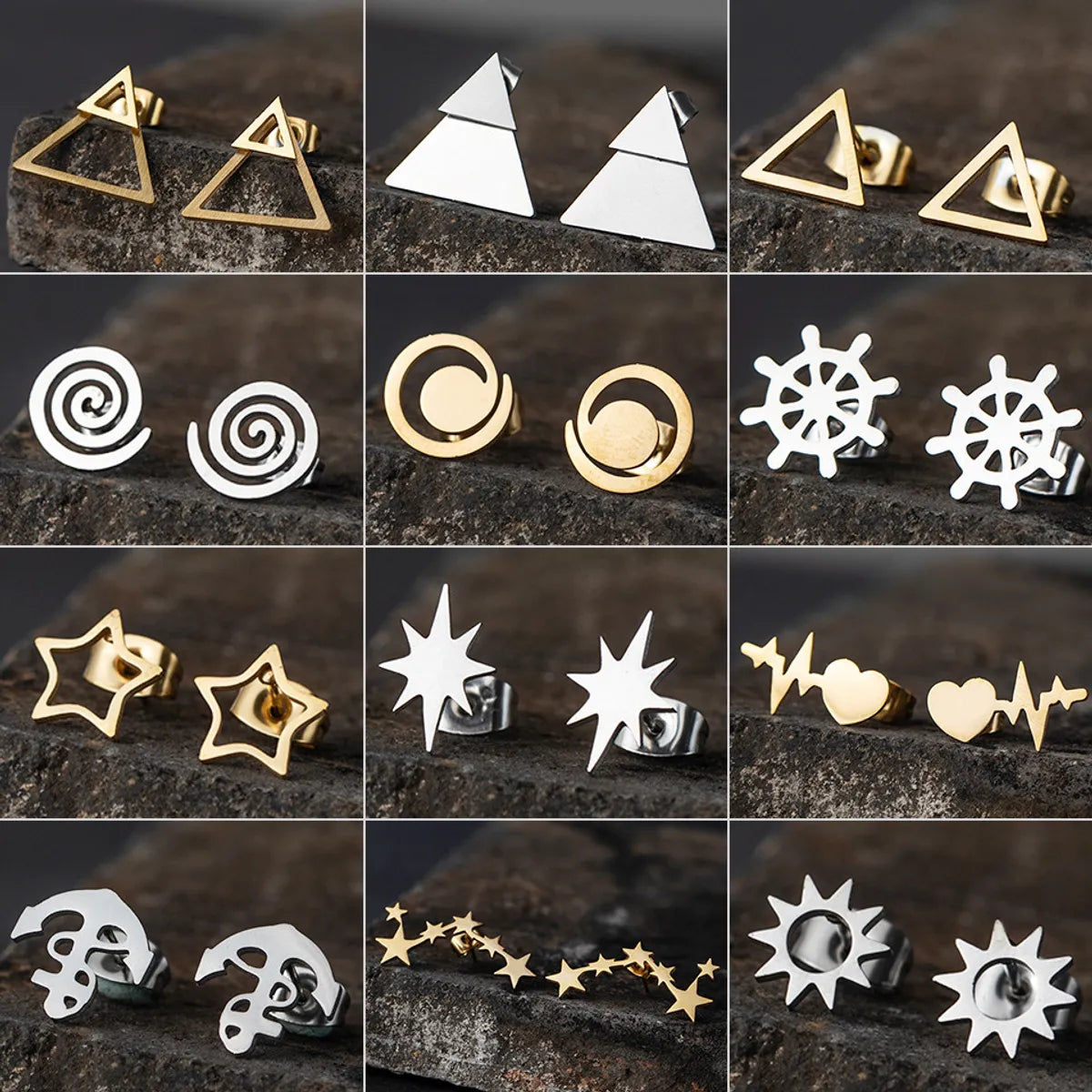 1 Pair Hip-Hop Triangle Star Heart Shape Stainless Steel Ear Studs