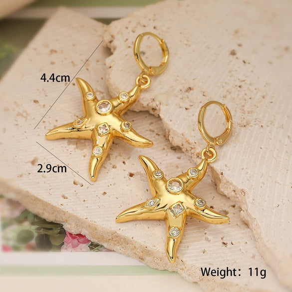Simple Starfish Micropaved Copper Zircon Pendant Necklace And Earrings For Women