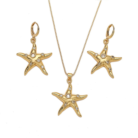 Simple Starfish Micropaved Copper Zircon Pendant Necklace And Earrings For Women