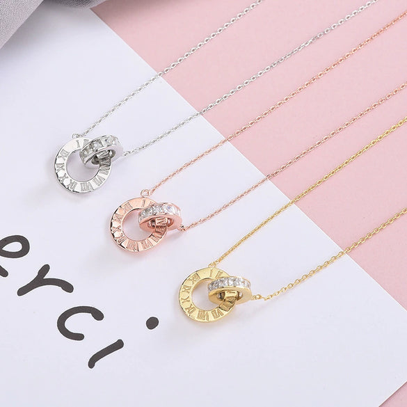 Simple Sterling Silver Geometric Double Ring Pendant Necklace With Electroplated Cross Chain