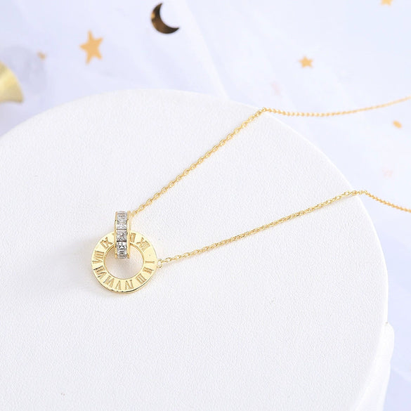 Simple Sterling Silver Geometric Double Ring Pendant Necklace With Electroplated Cross Chain
