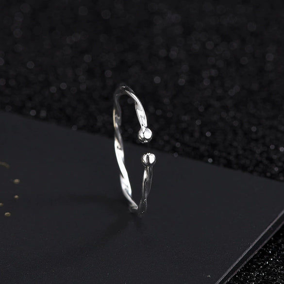 Simple Sterling Silver Geometric Wavy Woven Rope Open Ring With Thin Lines Adjustable Tail Design For Women