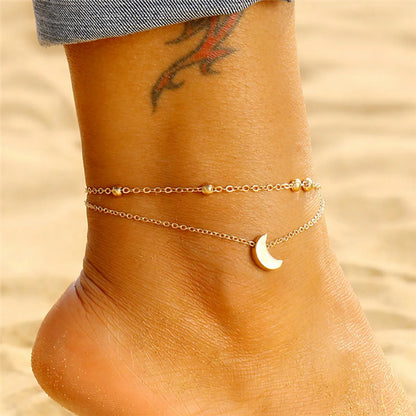 Simple Style Animal Cross Moon Gold Plated Silver Plated Imitation Pearl Alloy Wholesale Anklet