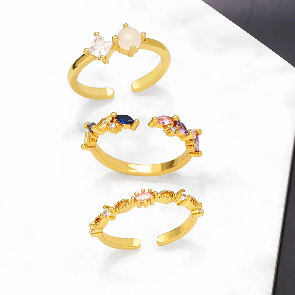 Simple Style Asymmetrical Irregular Copper Gold Plated Zircon Open Ring 1 Piece