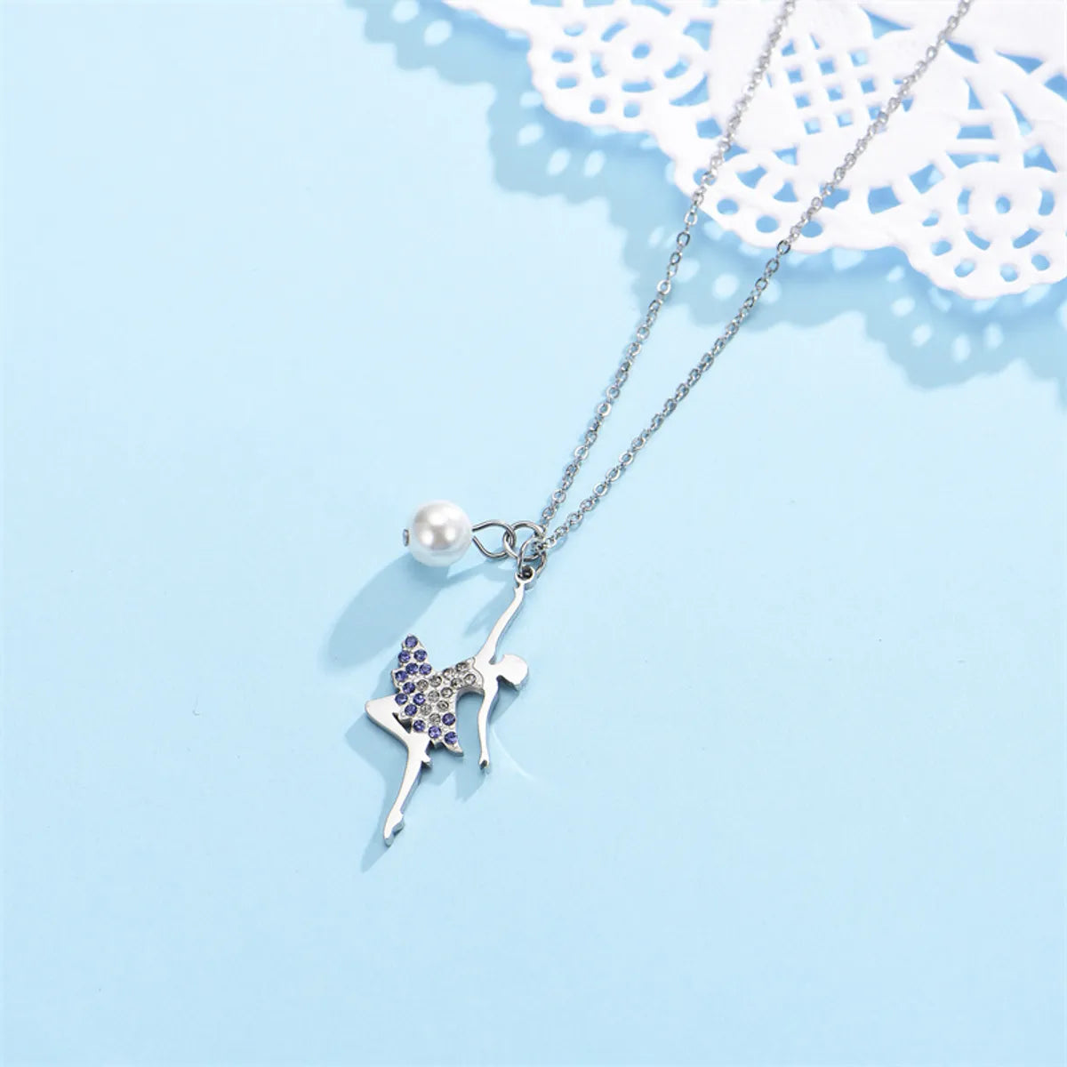 Simple Style Ballet Girl Stainless Steel Imitation Pearl Inlay Zircon Pendant Necklace Necklace