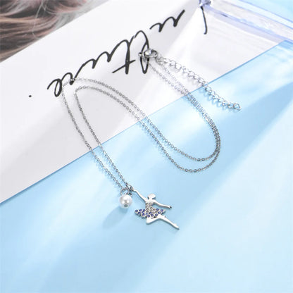 Simple Style Ballet Girl Stainless Steel Imitation Pearl Inlay Zircon Pendant Necklace Necklace