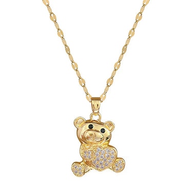 Simple Style Bear Stainless Steel Copper Inlay Rhinestones Pendant Necklace