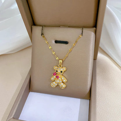 Simple Style Bear Titanium Steel Copper Gold Plated Zircon Pendant Necklace In Bulk