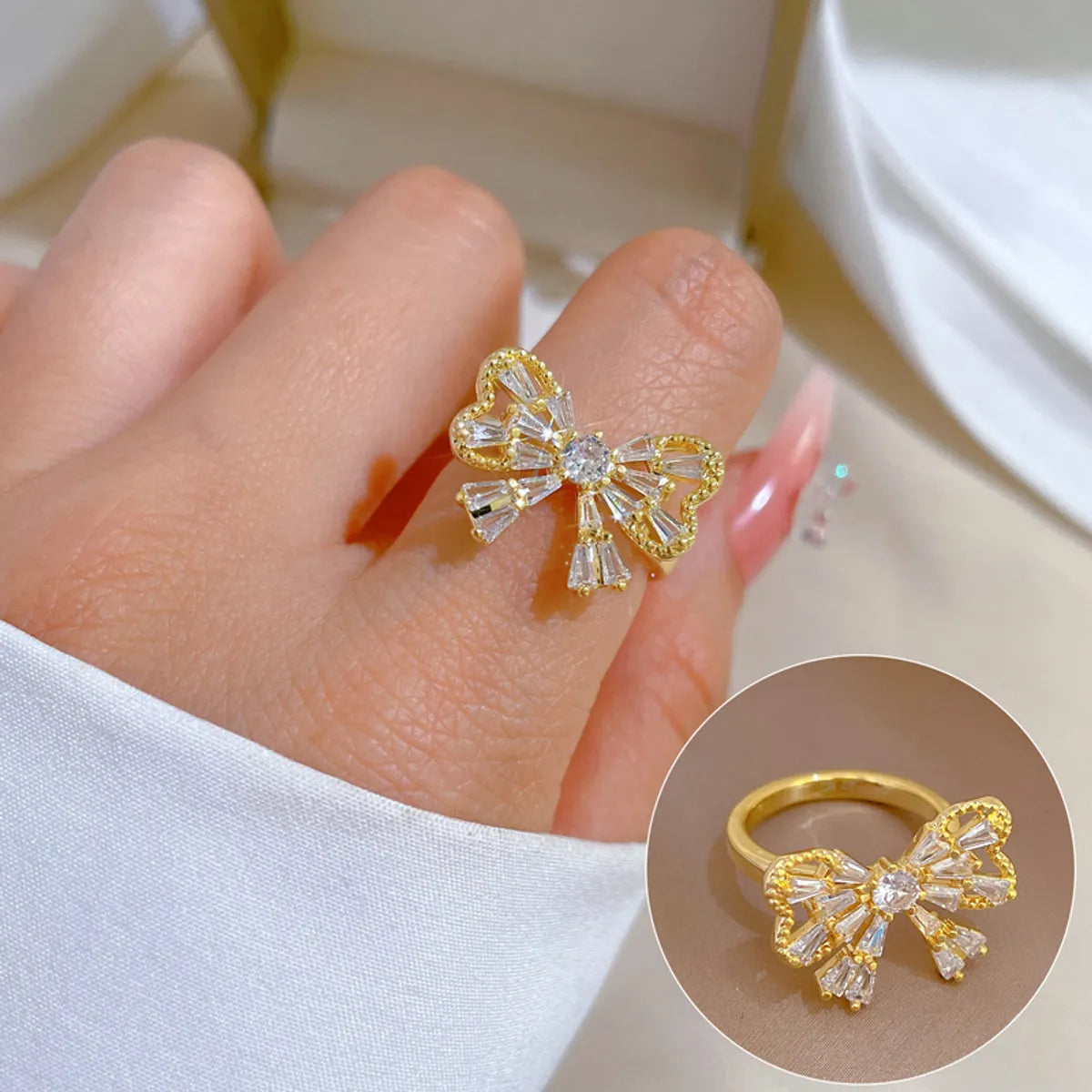 Simple Style Bow Knot Brass Zircon Open Ring In Bulk