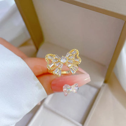 Simple Style Bow Knot Brass Zircon Open Ring In Bulk