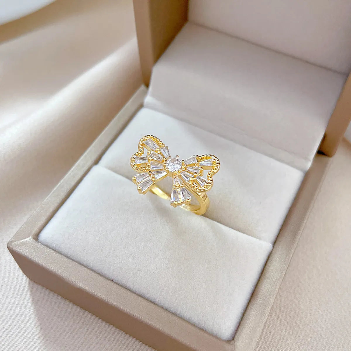 Simple Style Bow Knot Brass Zircon Open Ring In Bulk