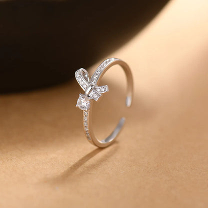 Simple Style Bow Knot Sterling Silver Inlay Zircon Rings