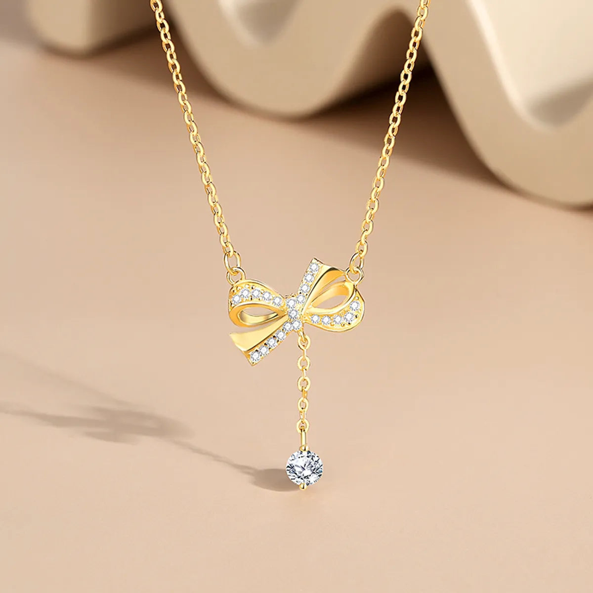 Simple Style Bow Knot Sterling Silver Plating Inlay Zircon Pendant Necklace