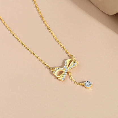 Simple Style Bow Knot Sterling Silver Plating Inlay Zircon Pendant Necklace