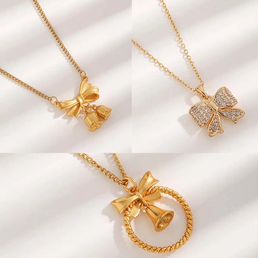 Simple Style Bow Knot Titanium Steel Plating Inlay Zircon Gold Plated Pendant Necklace