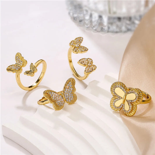 Simple Style Butterfly Copper Inlay Rhinestones Open Rings