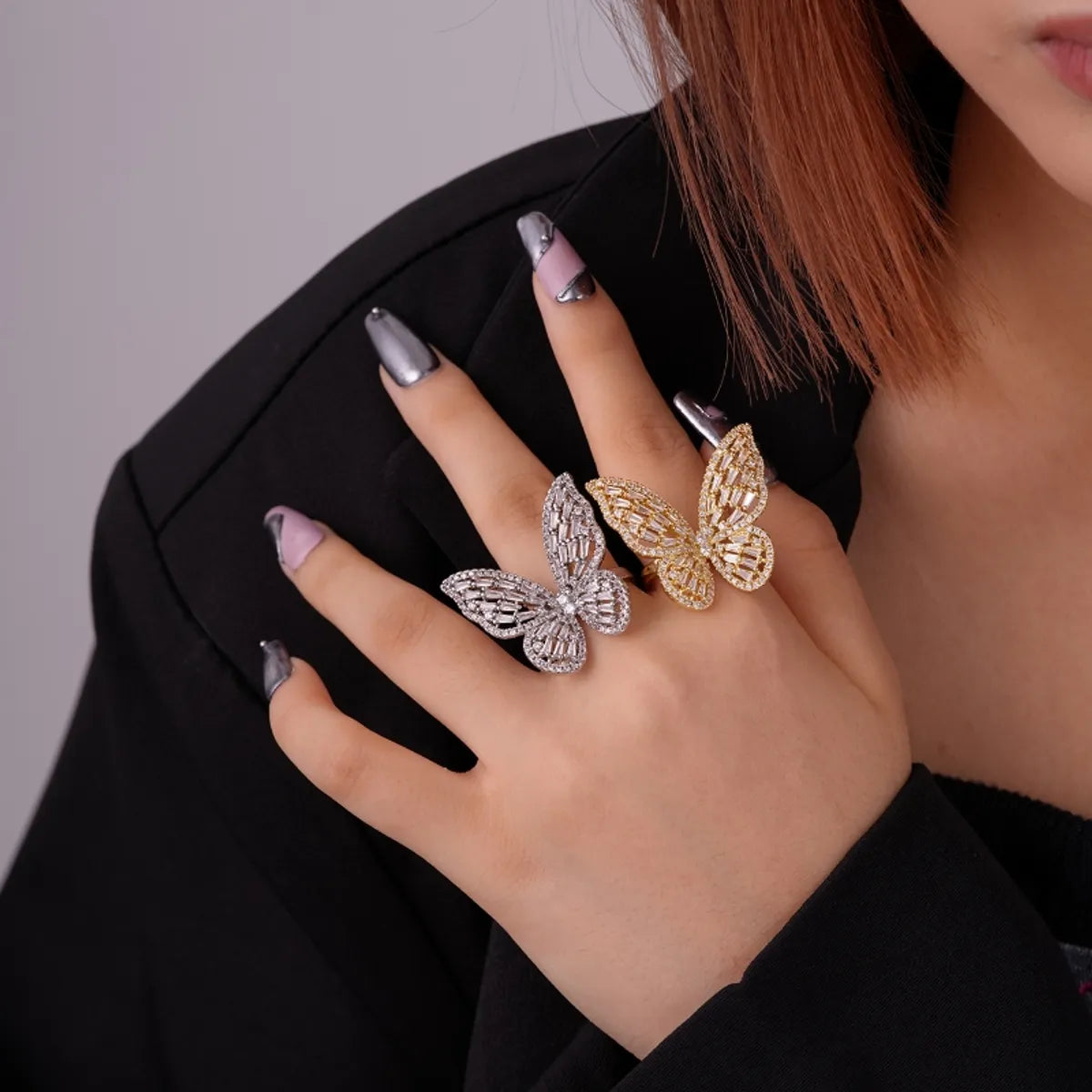 Simple Style Butterfly Copper Plating Inlay Zircon Gold Plated Open Rings