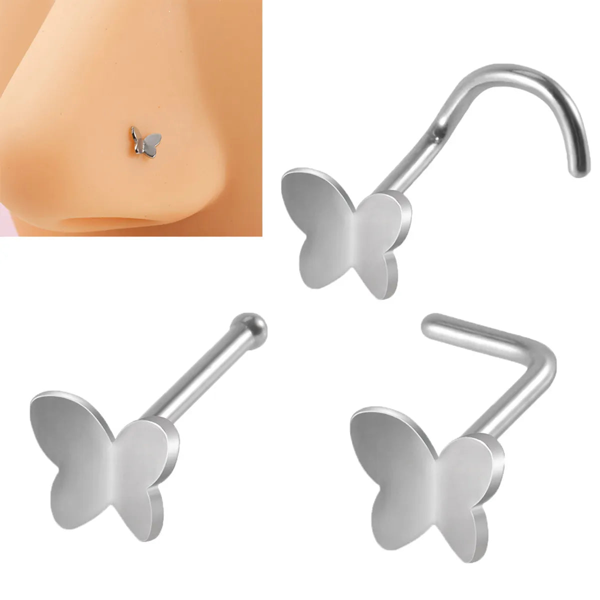 1 Piece Nose Rings & Studs Simple Style Butterfly 304 Stainless Steel