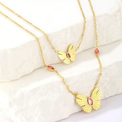 Simple Style Butterfly Stainless Steel Plating Inlay Artificial Rhinestones 18k Gold Plated Double Layer Necklaces