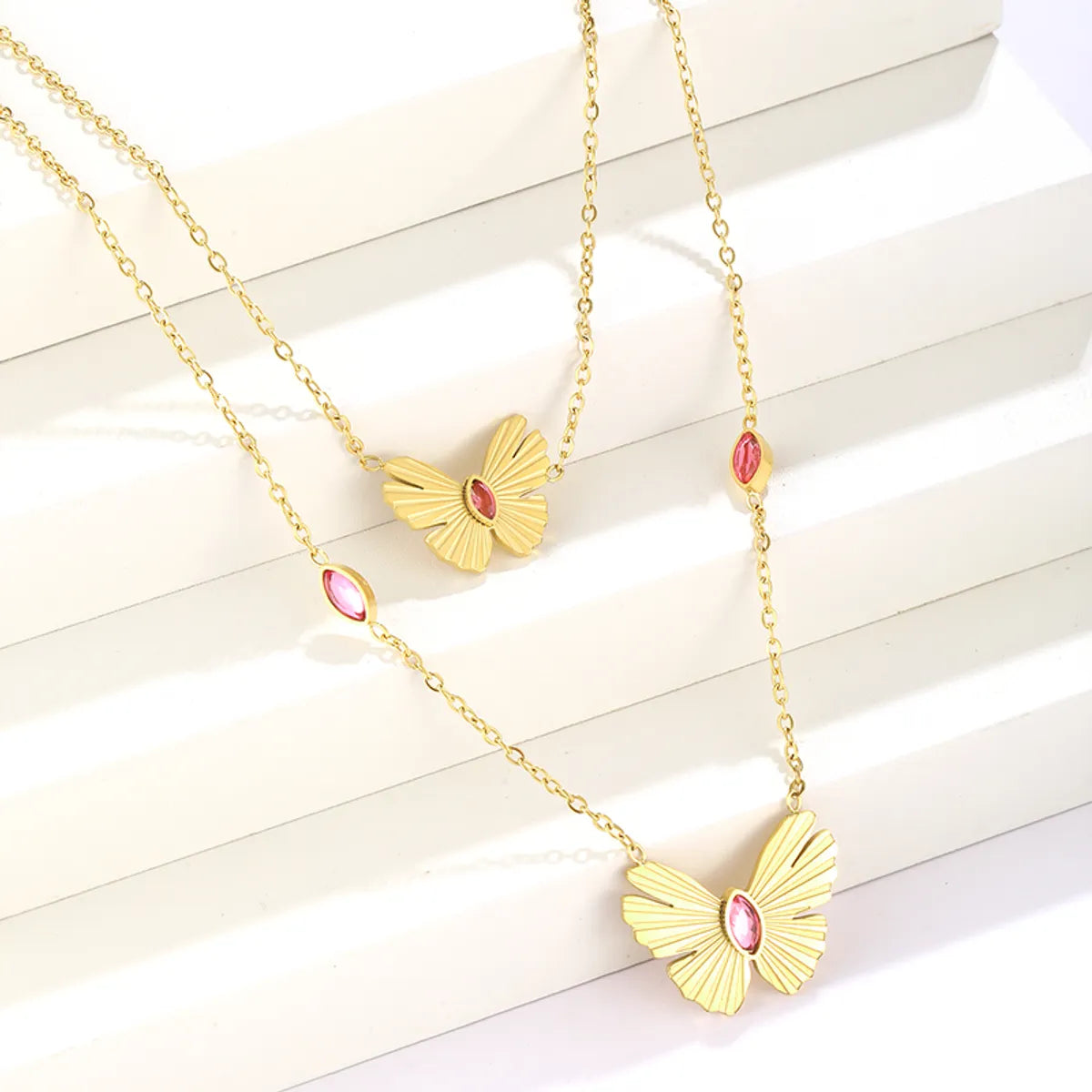 Simple Style Butterfly Stainless Steel Plating Inlay Artificial Rhinestones 18k Gold Plated Double Layer Necklaces